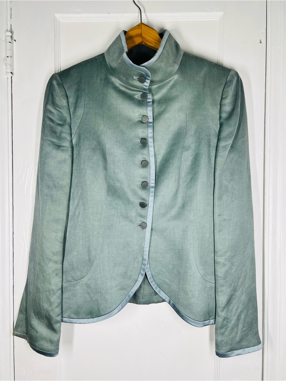 Archival Giorgio Armani Linen and Silk Stand Up Collar Jacket Sage Green